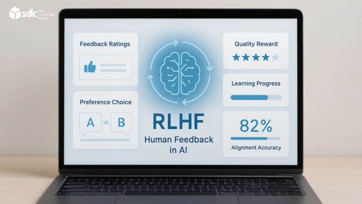 A laptop screen displaying an RLHF: Human Feedback in AI dashboard with ratings, comparisons, progress, and alignment accuracy.
