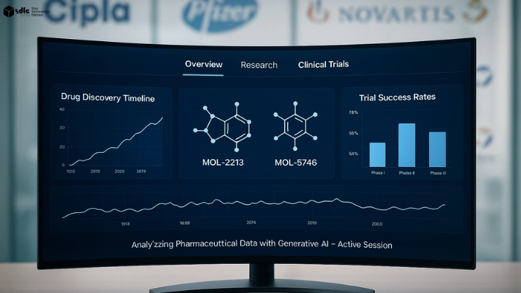 Front-facing computer monitor in a professional office showing an AI pharmaceutical dashboard with drug discovery timelines, molecular structures, and clinical trial success rate graphs, styled in modern blue and white healthcare themes.