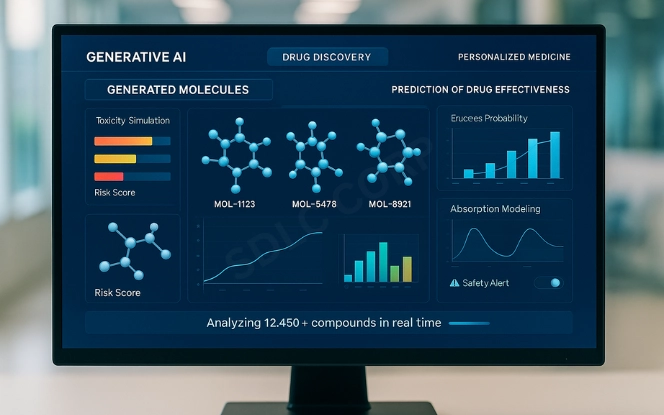 Front-facing AI dashboard showing generated molecules and efficacy graphs for drug discovery in a clinical interface