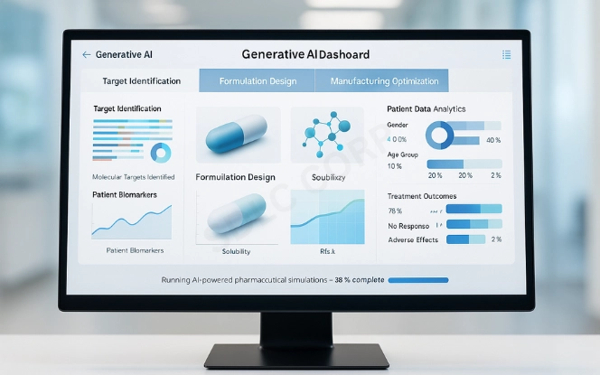 AI pharmaceutical dashboard with tabs for target identification, formulation design, and manufacturing optimization showing charts and analytics