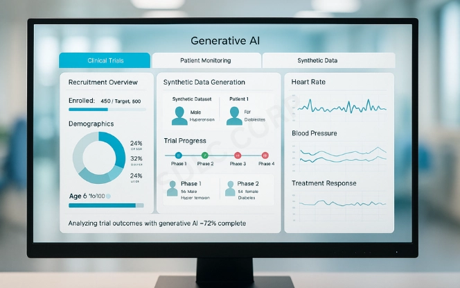 AI dashboard showing clinical trial recruitment analytics, patient monitoring graphs, and synthetic medical data generation timeline