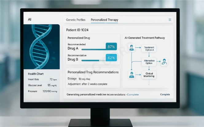 AI healthcare dashboard showing patient genetic profiles, drug recommendations, and treatment pathways with DNA visuals