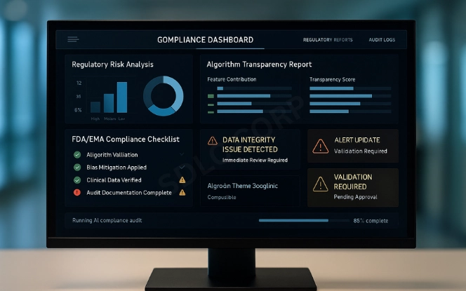 AI compliance dashboard displaying regulatory risk charts, FDA and EMA checklists, and algorithm transparency reports with alerts
