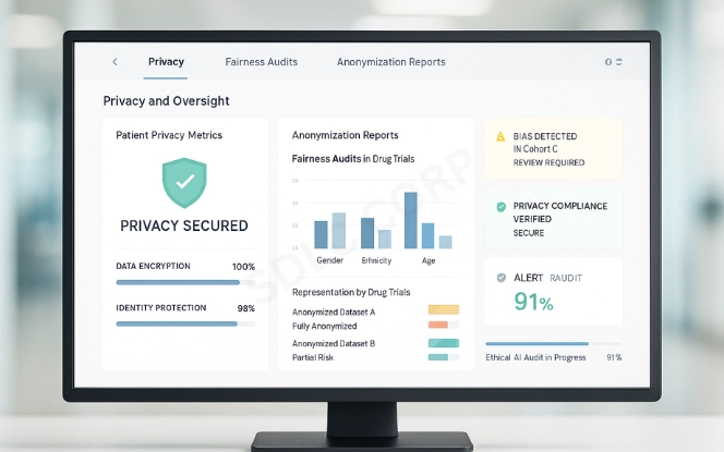 AI ethics dashboard showing patient privacy metrics, anonymization reports, and fairness audits in drug trials with compliance alerts