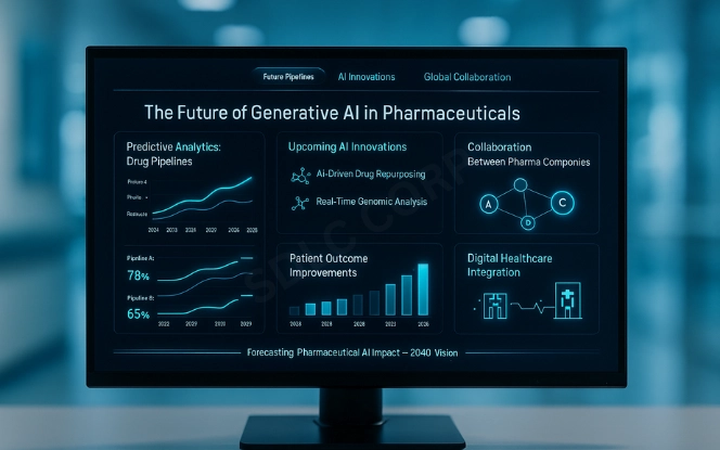 Futuristic AI dashboard showing predictive drug pipeline analytics, pharma collaborations, and patient outcome projections with neon accents