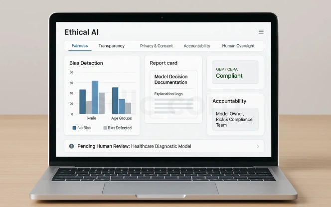 Laptop screen UI of ethical AI dashboard with bias detection, transparency, privacy compliance, accountability, and human oversight.
