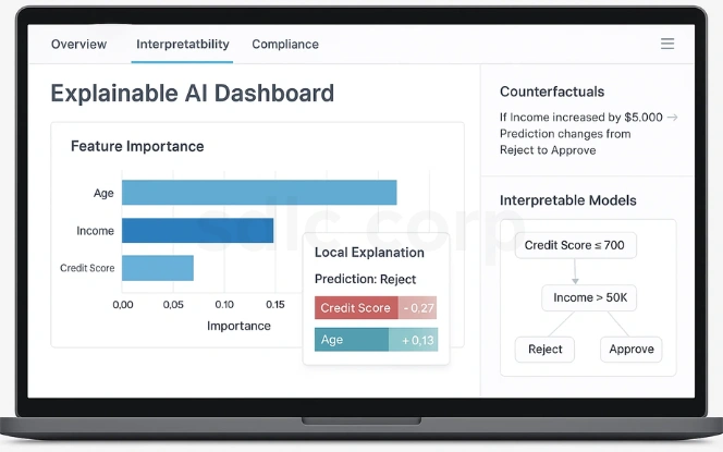 Laptop screen UI of explainable AI dashboard with SHAP feature importance, LIME local explanations, counterfactuals, and interpretable models.