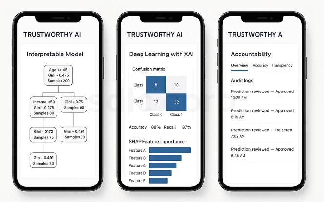 Mobile UI screens showing trustworthy AI with interpretable models, deep learning with SHAP explanations, and accountability audit logs.