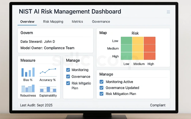 Computer screen UI of NIST AI risk management framework with govern, map, measure, and manage panels showing compliance metrics.