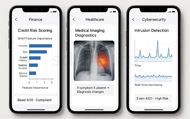 Mobile UI screens showing AI governance use cases across finance with SHAP credit scoring, healthcare with saliency map diagnostics, and cybersecurity intrusion detection.