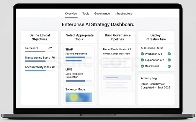 Laptop screen UI showing enterprise AI strategy dashboard with fairness KPIs, SHAP, LIME, governance pipelines, and infrastructure deployment.