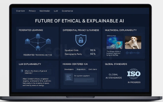 Laptop screen UI showing future of ethical and explainable AI with federated learning, differential privacy, multimodal explainability, LLM transparency, human-centered XAI, and global standards.