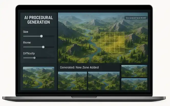 Laptop UI with AI procedural generation settings creating dynamic maps and new game zones.
