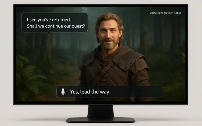 Laptop screen with a realistic NPC responding to a player’s spoken command through voice recognition.
