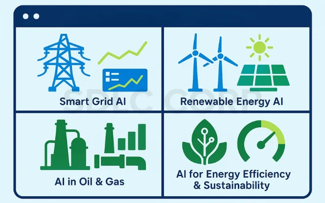 Infographic of AI in Energy: Smart Grid, Renewables, Oil & Gas, and Efficiency.