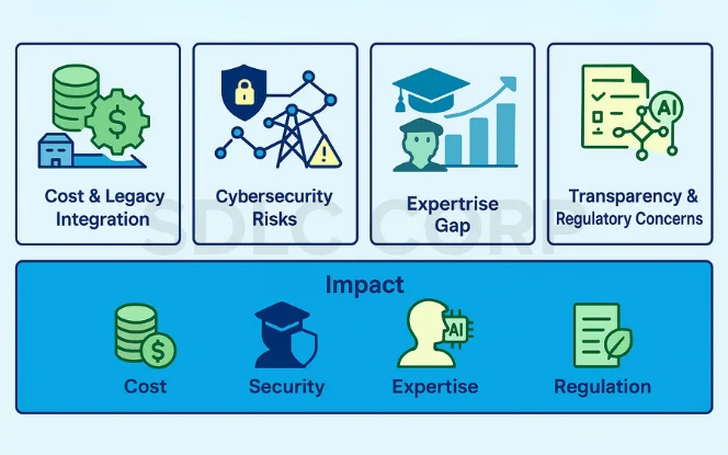 Challenges of AI in Energy: Costs, Cybersecurity, Skills, and Regulation.