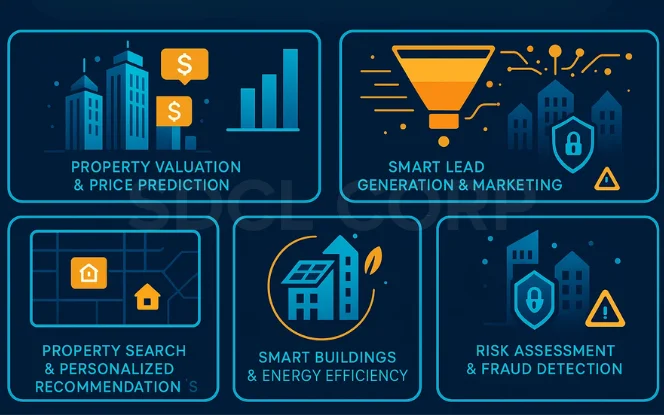 Illustration of real estate AI applications including property valuation, smart leads, personalized search, energy efficiency, and fraud detection