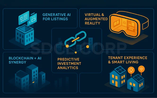 Future trends in AI for real estate showing generative listings, AR/VR, predictive investment analytics, blockchain synergy, and smart living