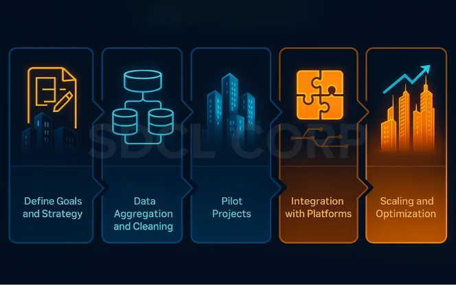 Roadmap steps for implementing AI in real estate including strategy, data cleaning, pilot projects, platform integration, and scaling