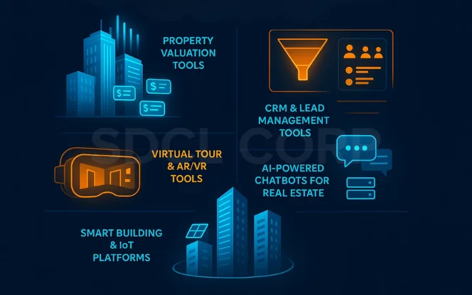 Top AI tools for real estate such as valuation systems, AR/VR virtual tours, IoT platforms, CRM, and AI chatbots