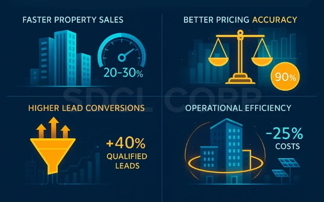 Business impact of AI on real estate showing faster property sales, pricing accuracy, higher lead conversions, and operational efficiency