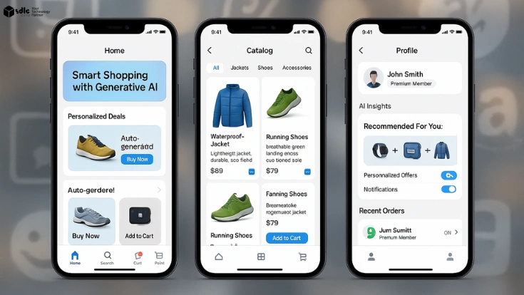 Three black smartphones displaying an AI-powered e-commerce app dashboard with homepage banner, product catalog, and customer profile insights, set against a blurred background with glowing e-commerce icons.