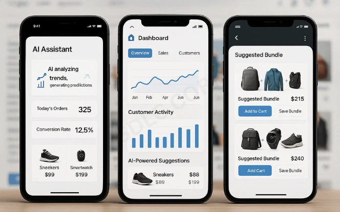 Mobile mockup dashboard showing generative AI overview for e-commerce with product bundles and insights