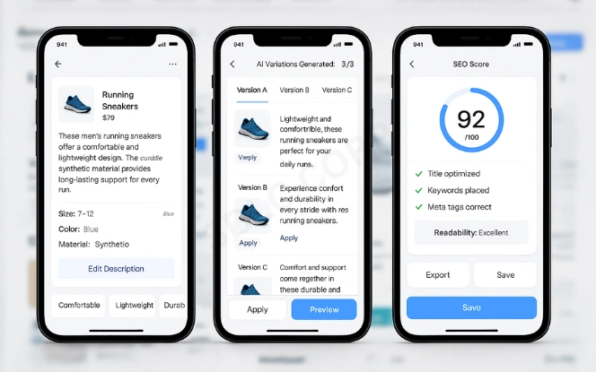 Mobile screens of an e-commerce dashboard showing AI-generated product descriptions, content variations, and SEO optimization