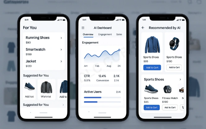 E-commerce app screens showing AI-powered product recommendations, analytics, and personalized shopping carousel