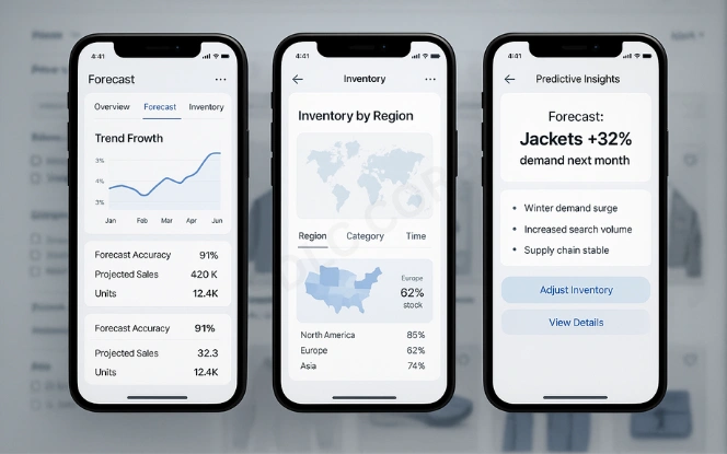 E-commerce app dashboard on mobile screens showing AI demand forecasting graph, inventory heat map, and predictive insights