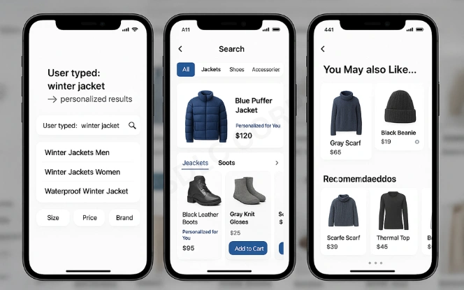 E-commerce mobile screens showing AI-driven search bar, personalized product results, and recommendations carousel