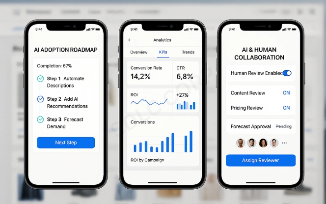E-commerce AI dashboard screens showing adoption roadmap checklist, KPI analytics, and human-AI collaboration tools