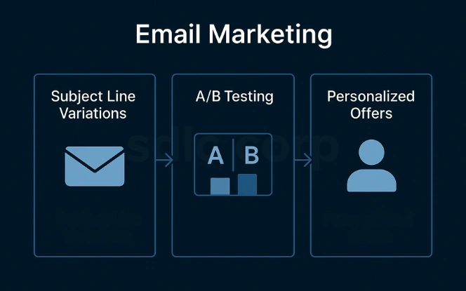 Infographic titled Email Marketing with three sections: subject line generation, A/B testing, and personalized offers, linked by arrows.