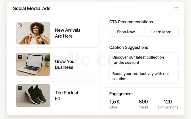 Social media ads dashboard UI with ad previews, AI CTA recommendations, caption suggestions, and engagement metrics.