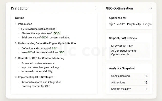 Content editor UI showing long-form draft outline with GEO optimization panel, FAQ snippet preview, and analytics for Google, ChatGPT, and Perplexity.