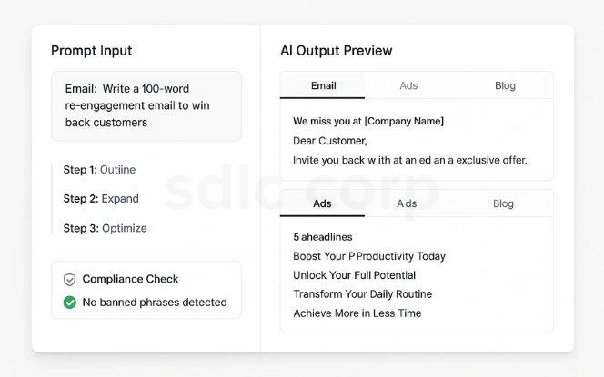 AI tool UI showing prompt input with compliance check and preview outputs for email, ads, and blog content.