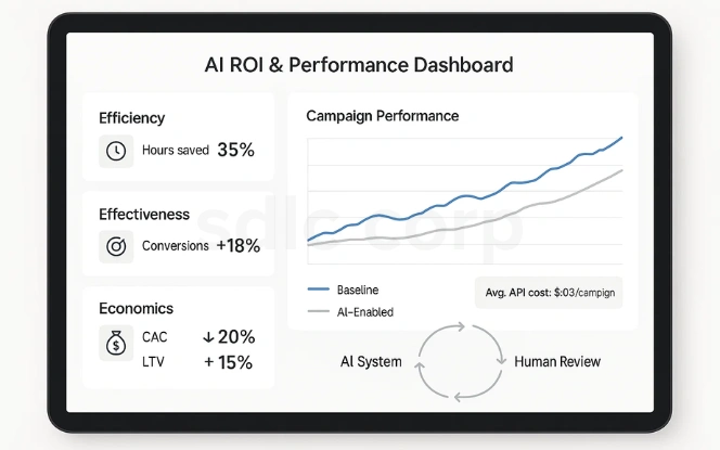 Tablet view of an AI ROI & Performance Dashboard showing KPIs for efficiency, effectiveness, economics, a campaign performance chart, API cost, and human-in-the-loop feedback.