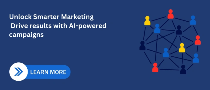 CTA banner with text “Unlock Smarter Marketing – Drive results with AI-powered campaigns” and a Learn More button.