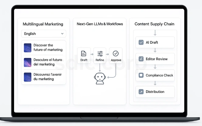 Laptop screen showing a marketing dashboard with multilingual campaign previews, next-gen LLM workflow steps, and a content supply chain pipeline from AI draft to distribution.