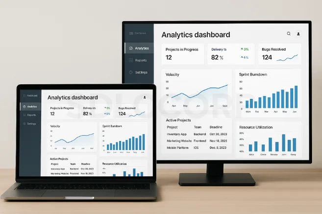 Analytics dashboard UI on laptop and monitor showing projects in progress, delivery rate, bugs resolved, velocity, sprint burndown, and resource utilization – custom analytics and project management software by SDLC Corp