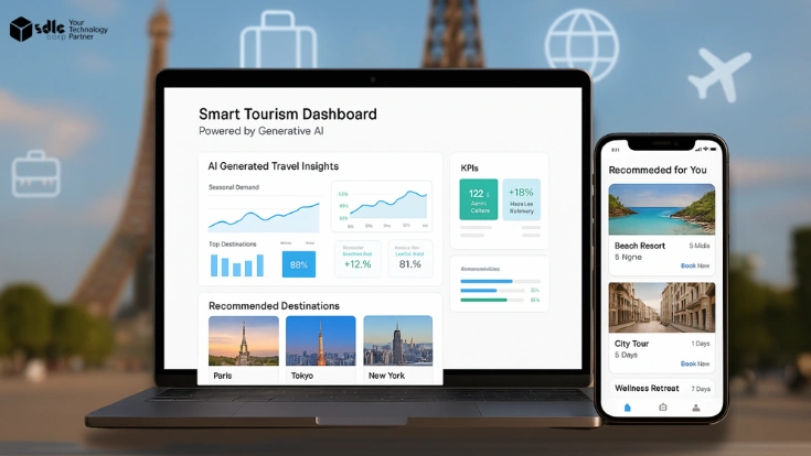Laptop and mobile screen showing generative AI tourism dashboard with insights, bookings, and recommendations on blurred landmark background
