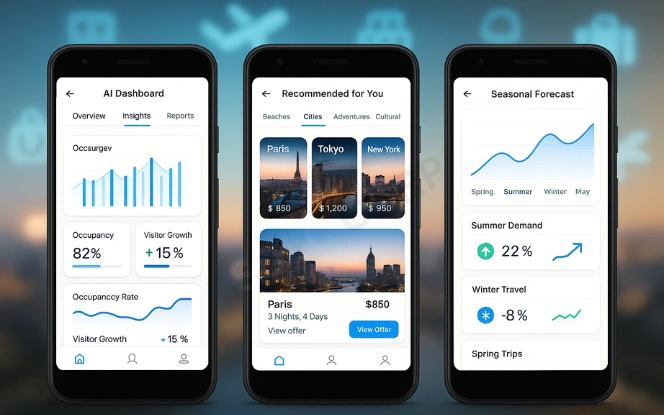 Tourism app mockup showing AI travel insights, destination recommendations, and seasonal demand forecasting
