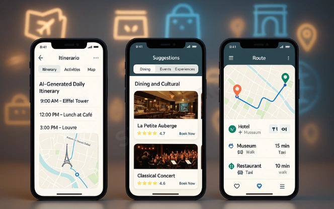 Tourism app mockup showing AI-generated itineraries, cultural experiences, and travel maps