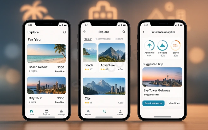 Travel app mockup with AI-powered recommendations, destination carousels, and traveler preference insights