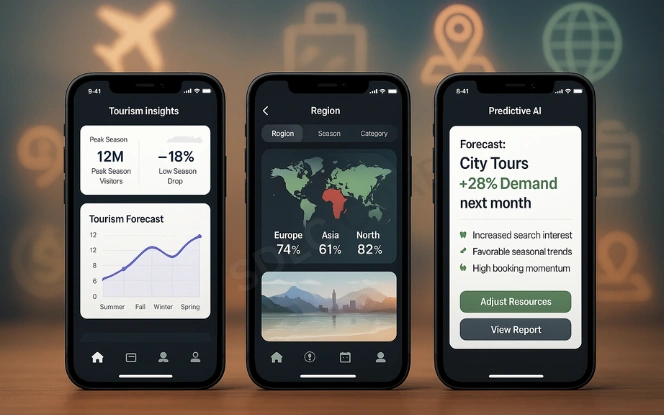 Tourism app screens showing demand forecasting graphs, booking heat maps, and predictive insights