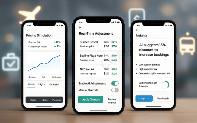 Tourism app mockup showing AI-powered pricing graphs, hotel and flight adjustments, and booking discounts