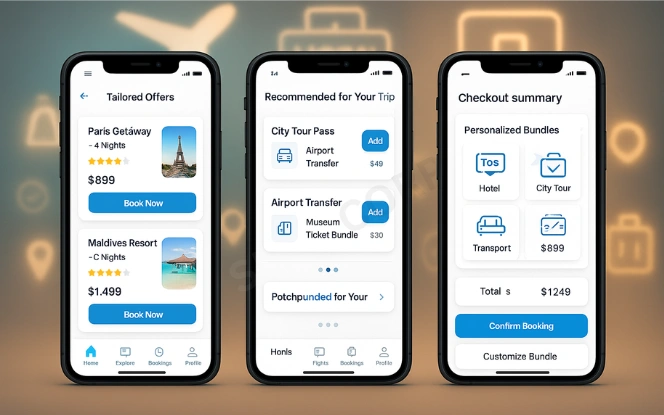 Tourism app screens showing AI-driven booking personalization with tailored bundles and add-ons