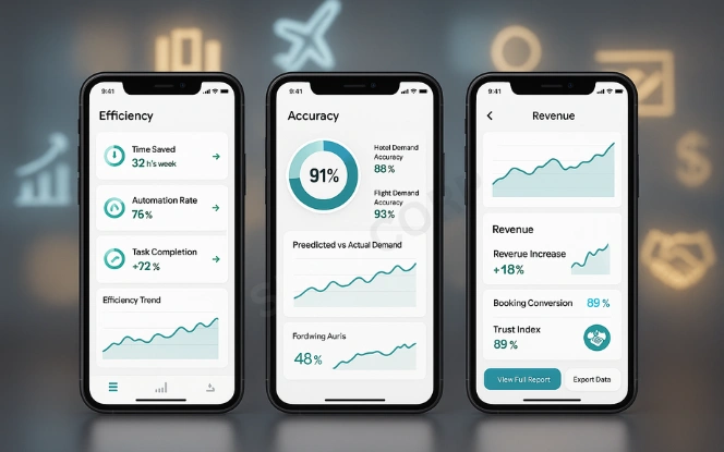 Tourism app mockup showing efficiency, forecasting accuracy, and revenue growth benefits from AI