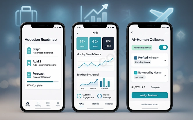 Tourism AI adoption roadmap with checklist, KPI analytics, and AI-human collaboration panel