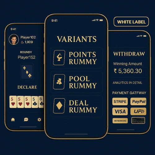 "White-label Rummy game app with gameplay, variants, secure payments, and withdrawal options."